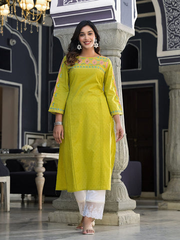 Varanga Women Lime Green Embellished Round Neck Straight Kurta